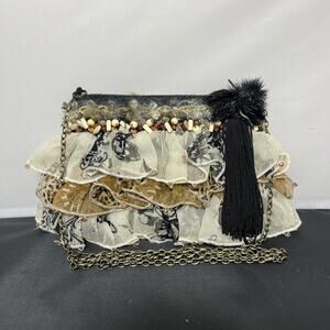 VINTAGE MARY FRANCES Ruffle Bag Beaded Tassle Crotched Chain Strap Bnfts Charity